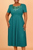 Lake Green Sequins Square Neck Short Sleeve Casual Formal Office Lady Pleated Maxi Dress