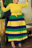 Green Striped Print O Neck 3/4 Sleeve Belted Pockets Long Vacation Casual Pleated A Line Maxi Dresses