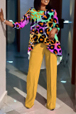 Apricot Leopard Print O Neck Long Sleeve Irregular Hem Tops And Pants Casual Formal Office Lady Two Pieces Trouser Sets