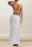 White Hot Drilling Sleeveless Backless Hollow Out Slit Formal Evening Party Prom Halter Bodycon Maxi Dresses