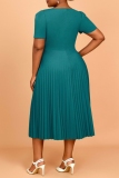 Lake Green Sequins Square Neck Short Sleeve Casual Formal Office Lady Pleated Maxi Dress