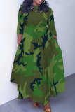 Green Graphics Print O Neck 3/4 Sleeve Belted Pockets Long Vacation Casual Pleated A Line Maxi Dresses