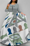 Brown Colorblock Print O Neck Long Sleeve Belt Loose Vacation A Line Maxi Swing Dresses