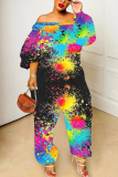 Black Ink Splash Print Off Shoulder Long Sleeve Casual Vacation Harem Leg Jumpsuits