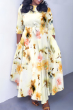 Earthy Yellow Graphics Print O Neck 3/4 Sleeve Belted Pockets Long Vacation Casual Pleated A Line Maxi Dresses