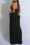 Black Sleeveless Backless Braided Halter Neck Cutout Prom Party Bodycon Fringed Maxi Dresses