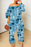Sky Blue Faux Denim Print Off Shoulder Long Sleeve Casual Vacation Harem Leg Jumpsuits