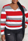 Green Striped Print V Neck Long Sleeve Casual Oversize Plus Size Tops