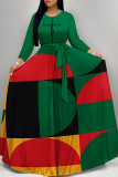 Brown Colorblock Print O Neck Long Sleeve Belt Loose Vacation A Line Maxi Swing Dresses