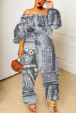 Blue Gray Faux Denim Print Off Shoulder Long Sleeve Casual Vacation Harem Leg Jumpsuits