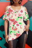 Pastel Green Plants Print V Neck Cold Shoulder Short Sleeve Hollow Out Casual Vacation Oversize T-Shirts