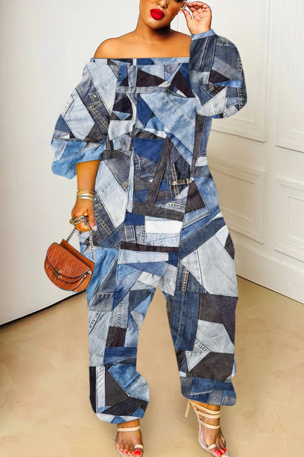 Blue Gray Faux Denim Print Off Shoulder Long Sleeve Casual Vacation Harem Leg Jumpsuits