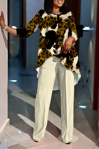 Apricot Leopard Print O Neck Long Sleeve Irregular Hem Tops And Pants Casual Formal Office Lady Two Pieces Trouser Sets