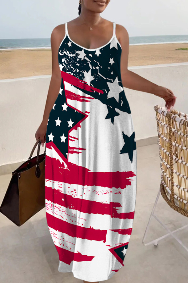 Black Red Graphics Print Backless Sleeveless Spaghetti Strap Floor Length Vacation Baggy Sundress Slip Maxi Dress