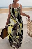 Black Red Graphics Print Backless Sleeveless Spaghetti Strap Floor Length Vacation Baggy Sundress Slip Maxi Dress
