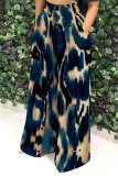 Blue Leopard Faux Denim Print Pocket Loose Casual High Waist Wide Leg Bottoms Pants