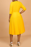 Yellow Half Sleeve O Neck Hollow Out Casual Formal Office Lady Plus Size Pleated Midi Dresses