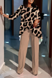 Apricot Leopard Print O Neck Long Sleeve Irregular Hem Tops And Pants Casual Formal Office Lady Two Pieces Trouser Sets