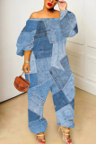 Blue Gray Faux Denim Print Off Shoulder Long Sleeve Casual Vacation Harem Leg Jumpsuits