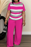 Green Striped Print O Neck Short Sleeve Oversize T-shirt And Wide Leg Pants Casual Two Pieces Trouser Sets