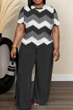 Royal Blue Wave Print O Neck Short Sleeve Oversize T-shirt And Wide Leg Pants Casual Two Pieces Trouser Sets