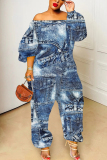Blue Gray Faux Denim Print Off Shoulder Long Sleeve Casual Vacation Harem Leg Jumpsuits