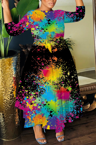 Black Ink Splash Print O Neck 3/4 Sleeve Belted Pockets Long Vacation Casual Pleated A Line Maxi Dresses