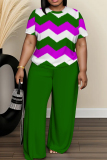 Royal Blue Wave Print O Neck Short Sleeve Oversize T-shirt And Wide Leg Pants Casual Two Pieces Trouser Sets