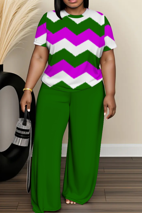 Royal Blue Wave Print O Neck Short Sleeve Oversize T-shirt And Wide Leg Pants Casual Two Pieces Trouser Sets