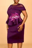 Purple Sequins O Neck Cape Sleeves Formal Evening Party Prom Wedding Guest Plus Size Bodycon Midi Dresses