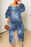 Blue Graphics Print Off Shoulder Long Sleeve Casual Vacation Harem Leg Jumpsuits