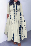 Gray Blue Graphics Print O Neck 3/4 Sleeve Belted Pockets Long Vacation Casual Pleated A Line Maxi Dresses