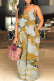 Tan Graphics Print Backless Sleeveless Spaghetti Strap Floor Length Vacation Baggy Sundress Slip Maxi Dress