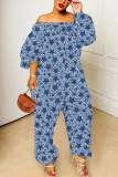 Blue Graphics Print Off Shoulder Long Sleeve Casual Vacation Harem Leg Jumpsuits