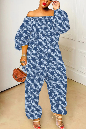 Blue Graphics Print Off Shoulder Long Sleeve Casual Vacation Harem Leg Jumpsuits