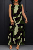 Green Graphics Print Sleeveless O Neck Loose Casual Vacation Maxi Tank Dresses
