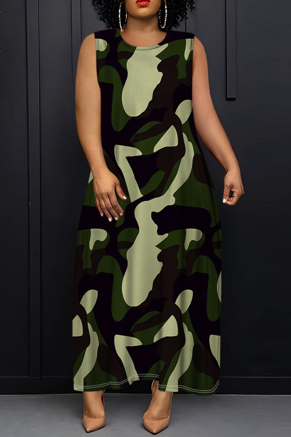 Green Graphics Print Sleeveless O Neck Loose Casual Vacation Maxi Tank Dresses