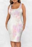 Green Tie Dye Print Sleeveless U Neck Casual Outing Plus Size Vest Midi Dresses