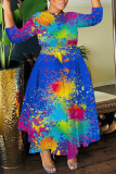 Black Ink Splash Print O Neck 3/4 Sleeve Belted Pockets Long Vacation Casual Pleated A Line Maxi Dresses