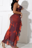 Red Ombre Print Sleeveless Ruffled Trim Formal Evening Party Prom Bodycon Maxi Slip Dresses