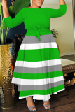 Green Striped Print O Neck 3/4 Sleeve Belted Pockets Long Vacation Casual Pleated A Line Maxi Dresses
