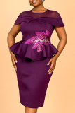 Purple Sequins O Neck Cape Sleeves Formal Evening Party Prom Wedding Guest Plus Size Bodycon Midi Dresses