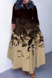 Gray Blue Graphics Print O Neck 3/4 Sleeve Belted Pockets Long Vacation Casual Pleated A Line Maxi Dresses