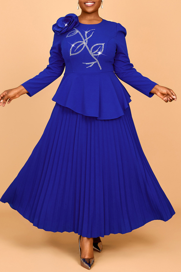 Blue Flowers Decor Hot Drill O Neck Ruffle Casual Formal Office Lady Plus Size Pleated Maxi Dresses