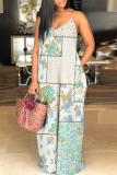 Tan Graphics Print Backless Sleeveless Spaghetti Strap Floor Length Vacation Baggy Sundress Slip Maxi Dress