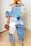 Sky Blue Faux Denim Print Off Shoulder Long Sleeve Casual Vacation Harem Leg Jumpsuits