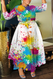 Black Ink Splash Print O Neck 3/4 Sleeve Belted Pockets Long Vacation Casual Pleated A Line Maxi Dresses