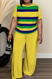 Green Striped Print O Neck Short Sleeve Oversize T-shirt And Wide Leg Pants Casual Two Pieces Trouser Sets