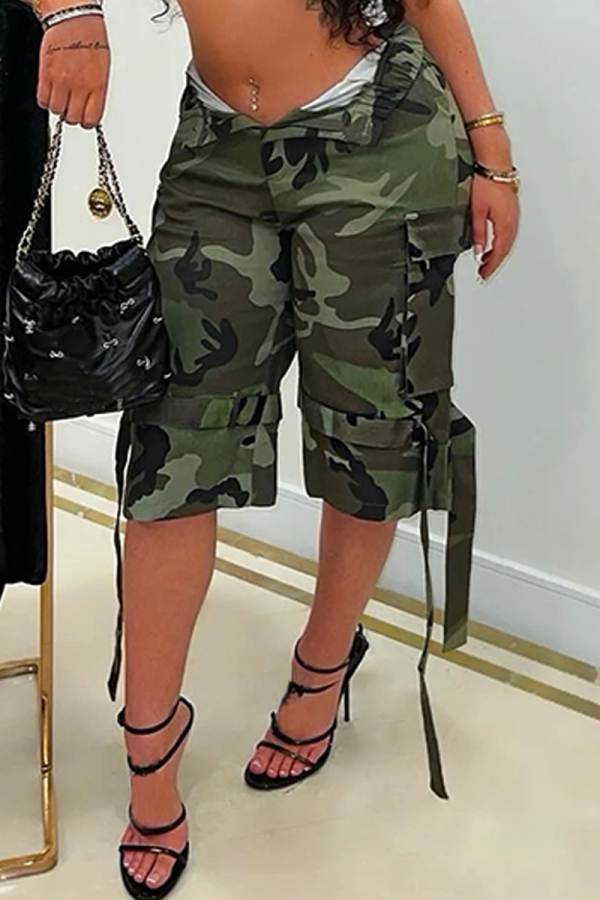Green Camouflage Print Pocket Mid Waist Casual Cargo Shorts