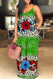 Tan Graphics Print Backless Sleeveless Spaghetti Strap Floor Length Vacation Baggy Sundress Slip Maxi Dress